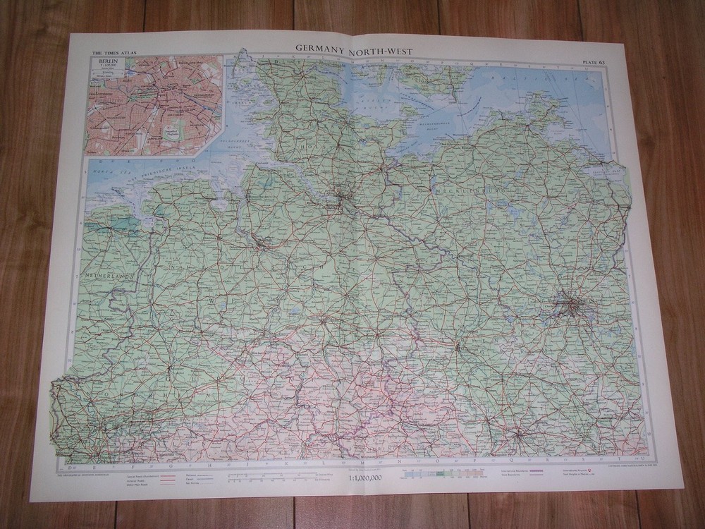 1955 Vintage Map Of Northern Germany / Scale 1:1,000,000 / Berlin Insert Map