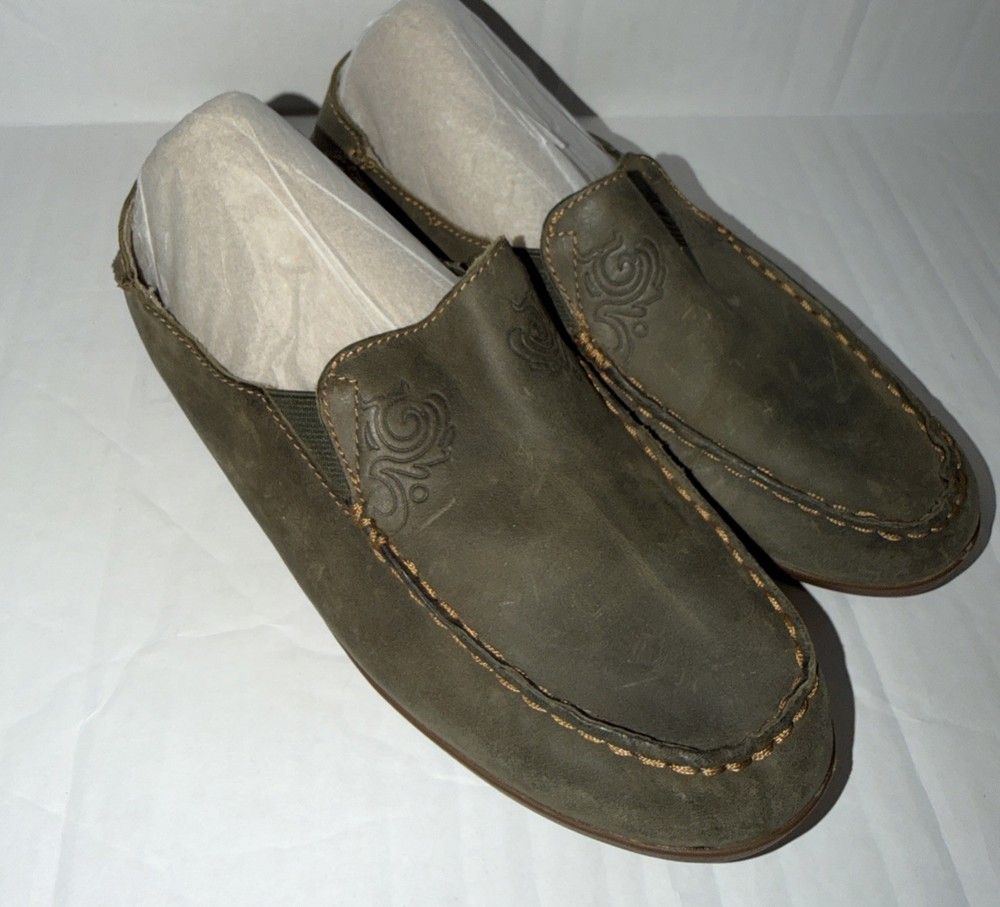 Olukai Nohea Nubuck Green Leather Collapsible Heel Slip On Loafer Women’s Size 7