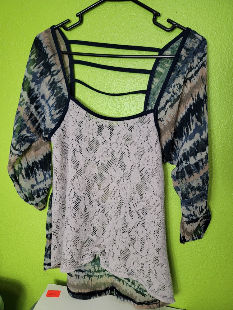Daytrip Women's Medium Blouse Blue Beige Lace Sheer 3/4 Sleeve Top