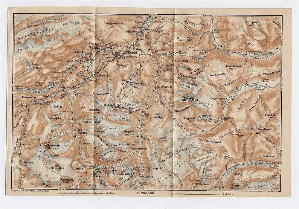 1912 Original Antique Map Of Vicinity Of Boeverdal Boverdal Jotunheimen / Norway