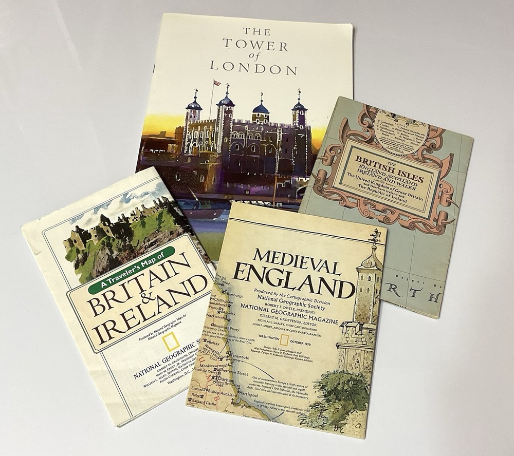 Vintage Tower of London Souvenir Book and Maps of Great Britain (Lot of 4)