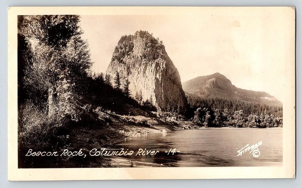 Vintage Photo Old Outdoor Picture Beacon Rock Columbia River Mountain Oregon Usa