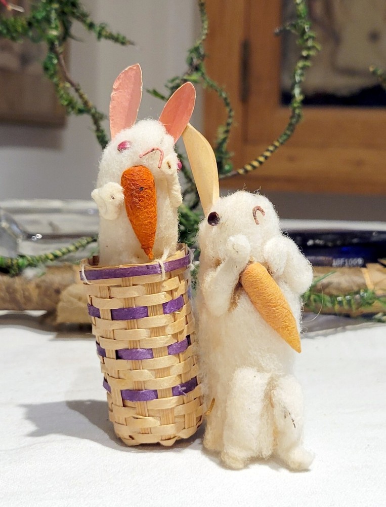 Two smaller Chenille Rabbits, Buth posed with Cotton Carrots. Japan, 1950s.