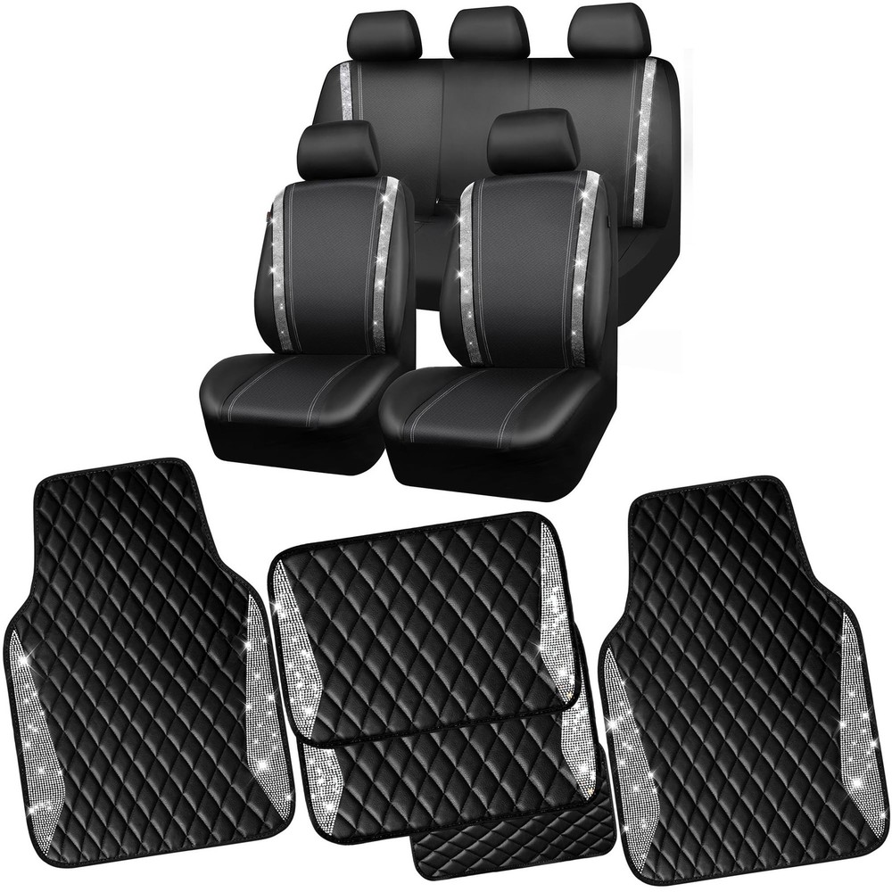 CAR PASS Bling Leather Car Mats Car Seat Covers, Shining Rhinestone Waterproo...