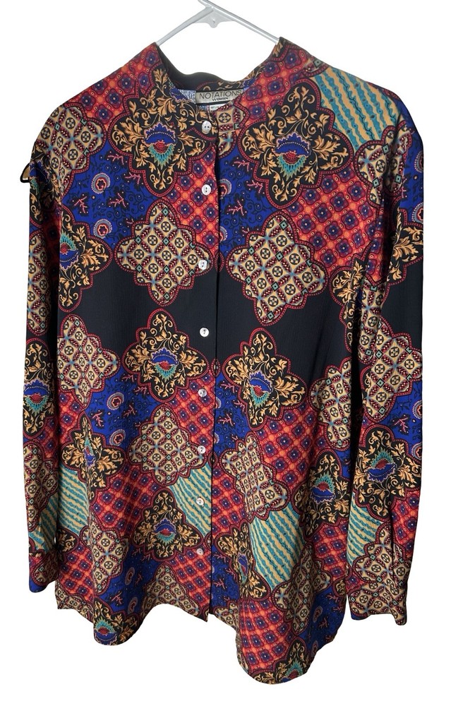 Button Down Mixed Patterns Shirt Women Plus Size 1X Colorful Red Band Collar Top