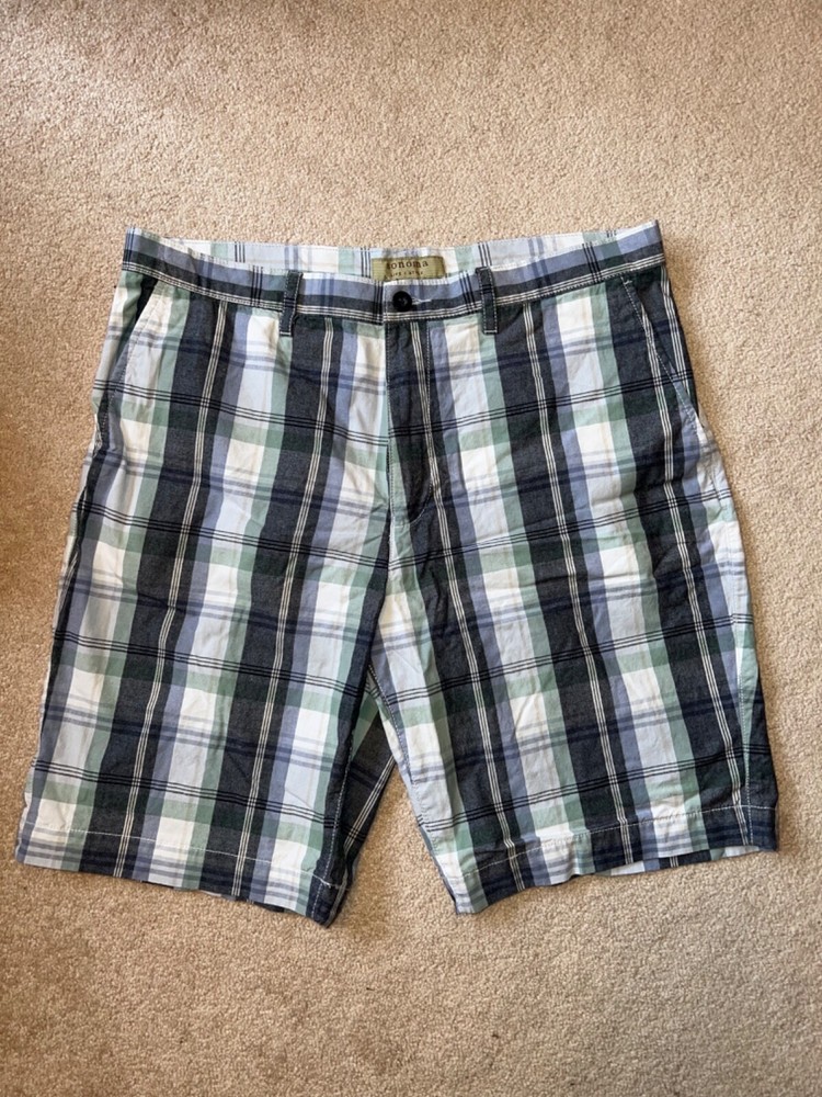 Shorts - Sonoma - Blue/Sage Green/White Plaid - Flat Front - Casual Mens - Sz 36