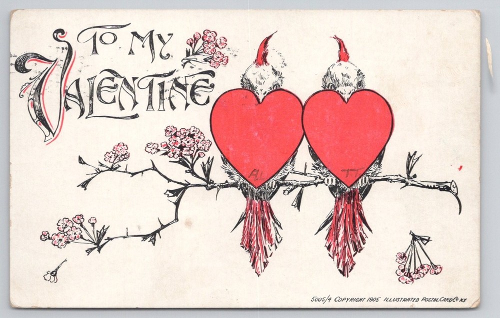 Vintage 1905 Valentine Postcard Birds Red Hearts Cherry Blossoms Easton PA