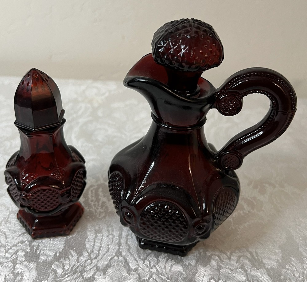 Vintage AVON Cape Cod Ruby Red Glass Cruet and Salt Shaker