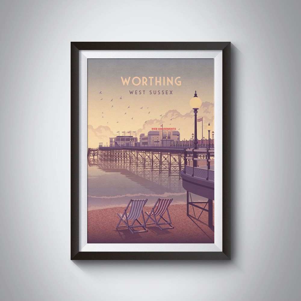 Worthing Travel Poster West Sussex Seaside Worthing Pier Beach Vintage Travel