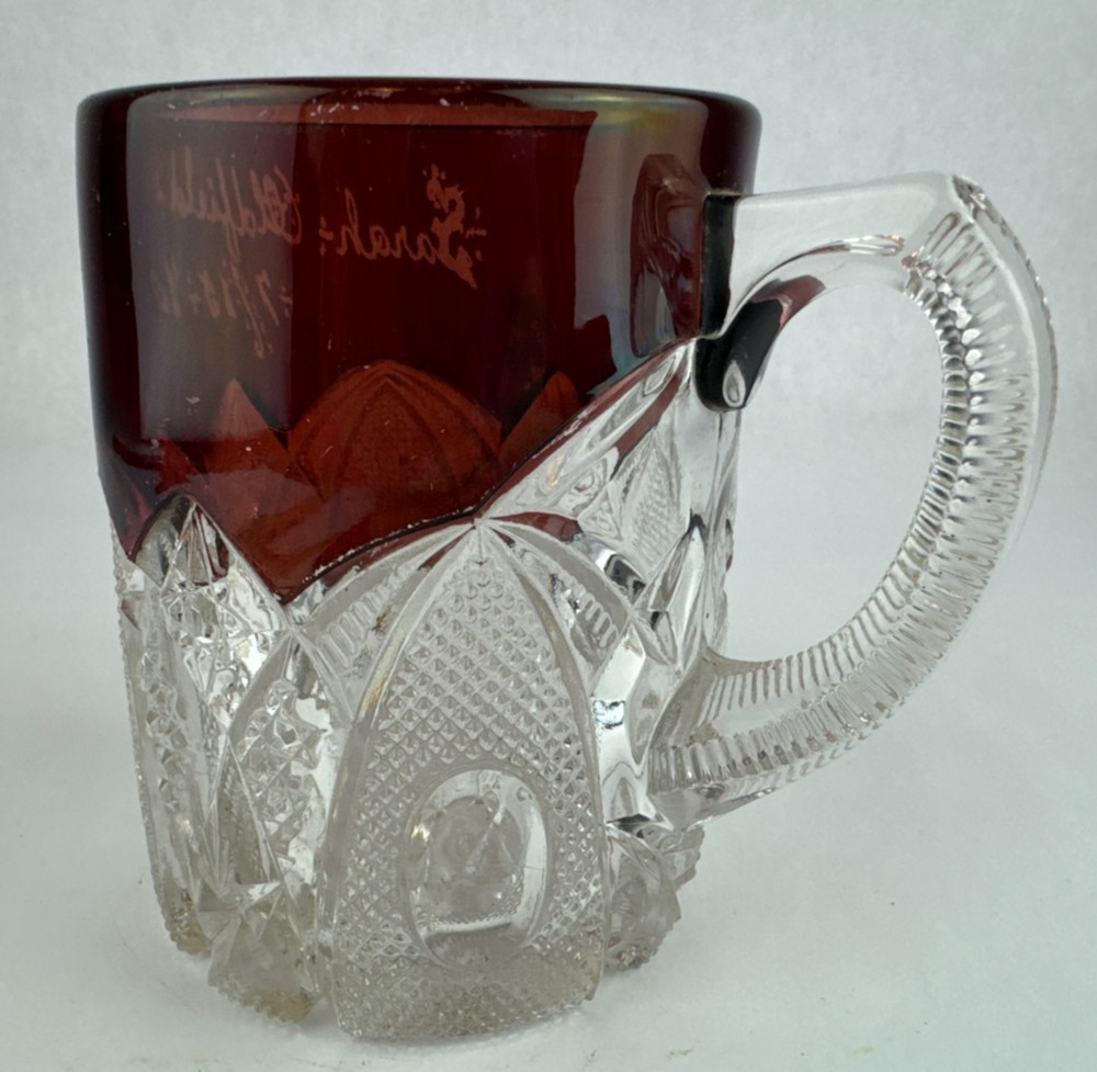 Vintage Flashed Ruby Glass Souvenir Mug Sarah Oldfield 1910 Antique 4.5