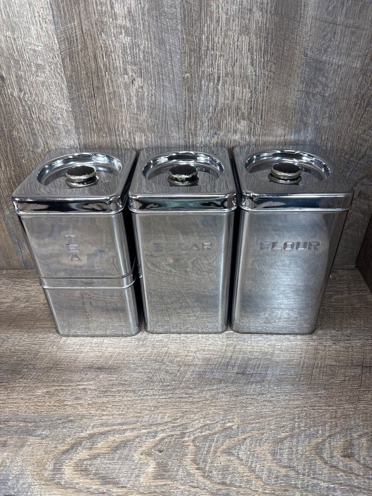 Vtg Beauty-Ware Aluminum Canister Set Of 4 For Tea Sugar Flour & Coffee w/ Lids
