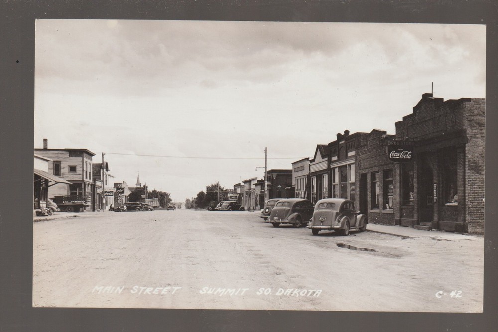 Summit SOUTH DAKOTA RPPC 1937 MAIN STREET Signs COCA-COLA nr Milbank SD B1