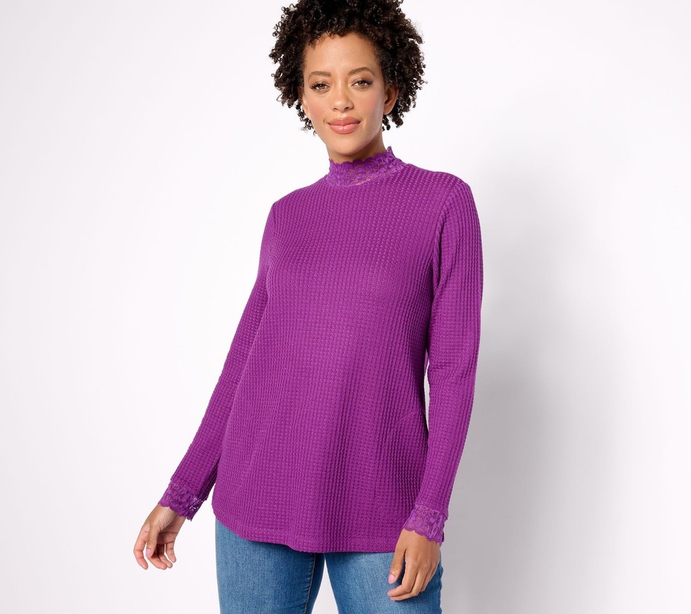 Maya J Women's Top Sz M Metallic Waffle Knit Mock Neck w Lace Purple A627095