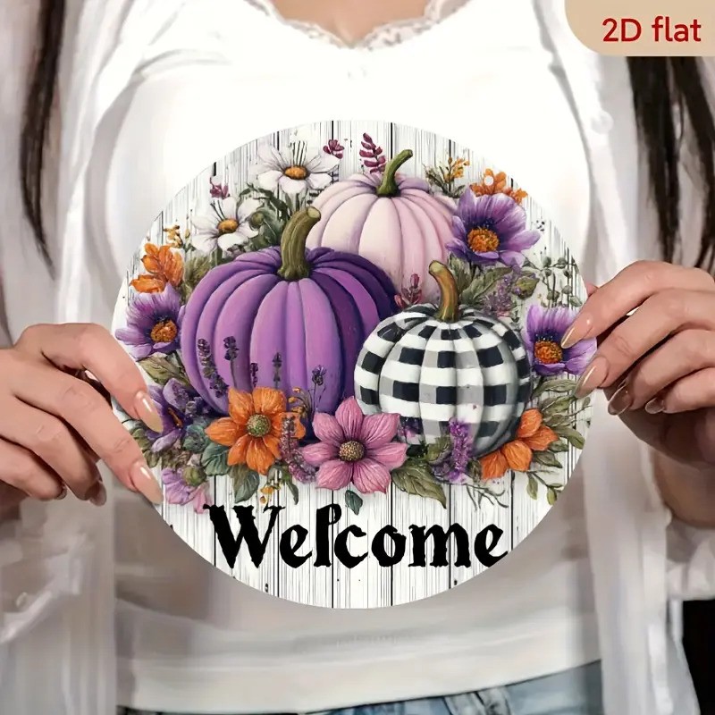 Rustic Autumn Pumpkin Wreath Floral Welcome Round Aluminum Sign