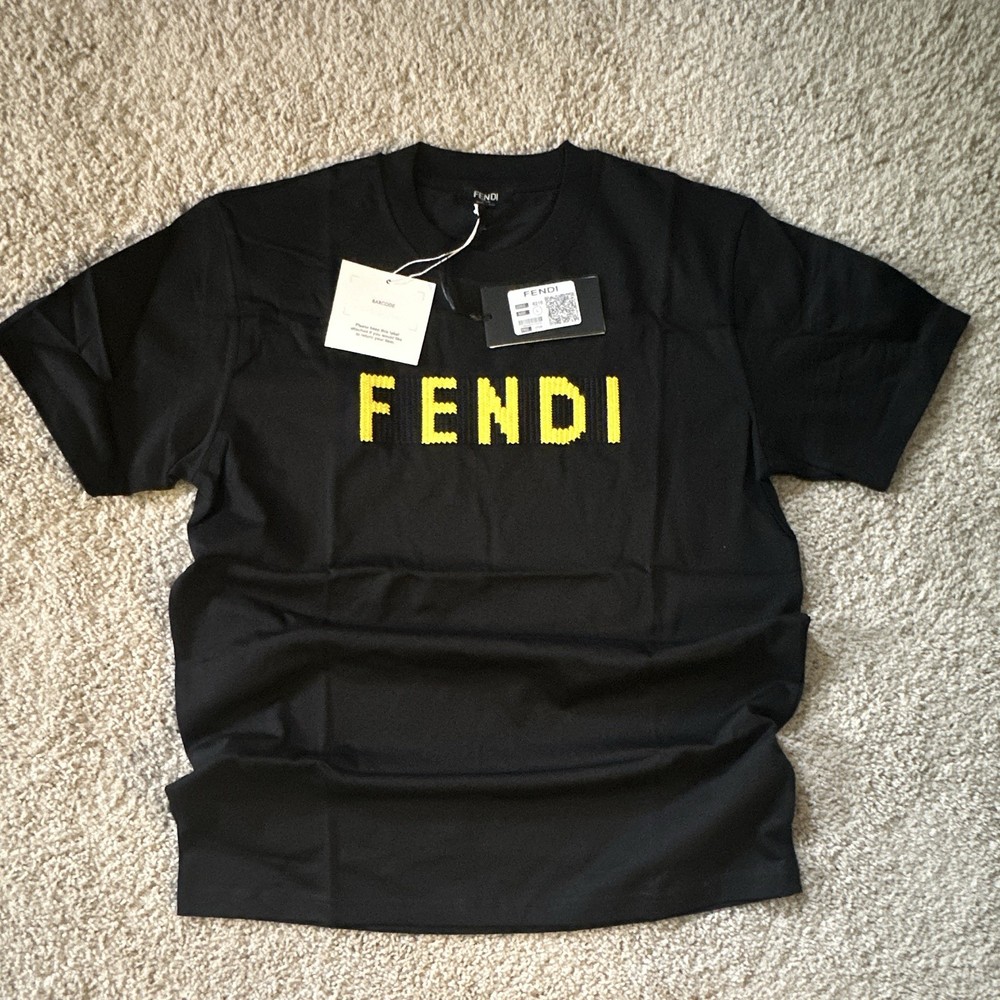 Fendi Men’s L Black Yellow Logo Crew Neck Short Sleeve T-Shirt