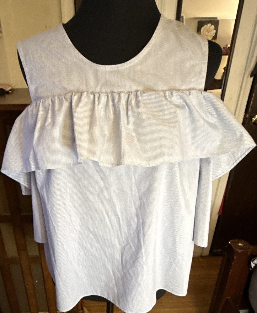 BCBGeneration Light Blue White Striped Ruffle Cold Shoulder Blouse Women's M