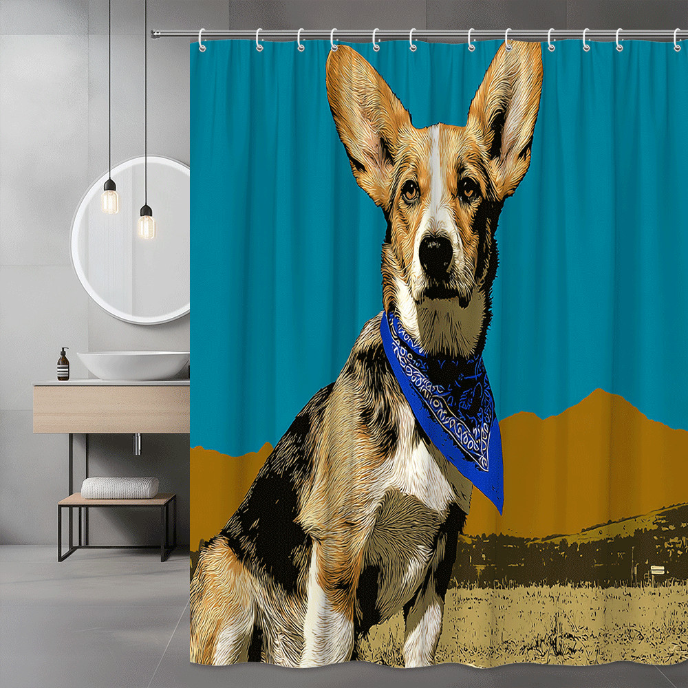Corgi Shower Curtain, Dog Portrait Print, Western Landscape Background