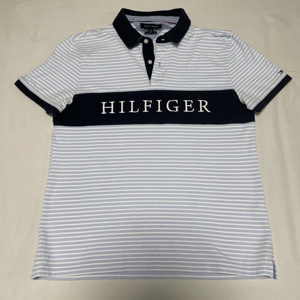 Tommy Hilfiger Men's Custom Fit Blue & White Striped Polo Shirt Size L