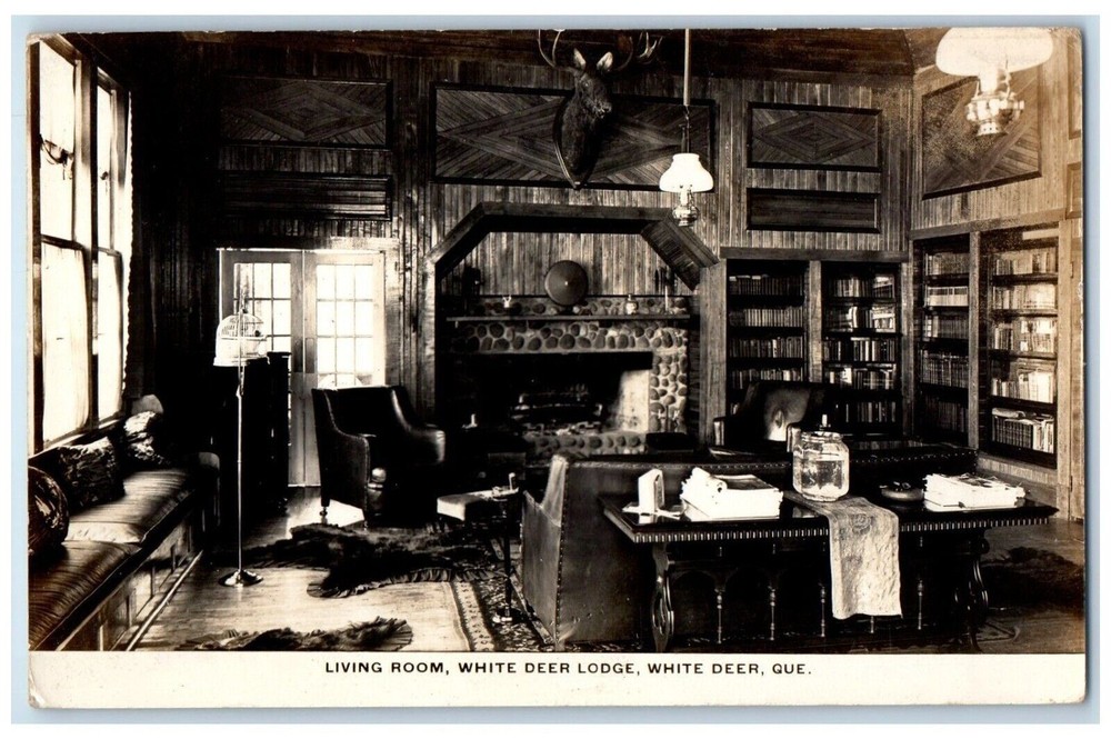 1943 White Deer Lodge Interior Living Room Quebec Canada RPPC Photo Postcard