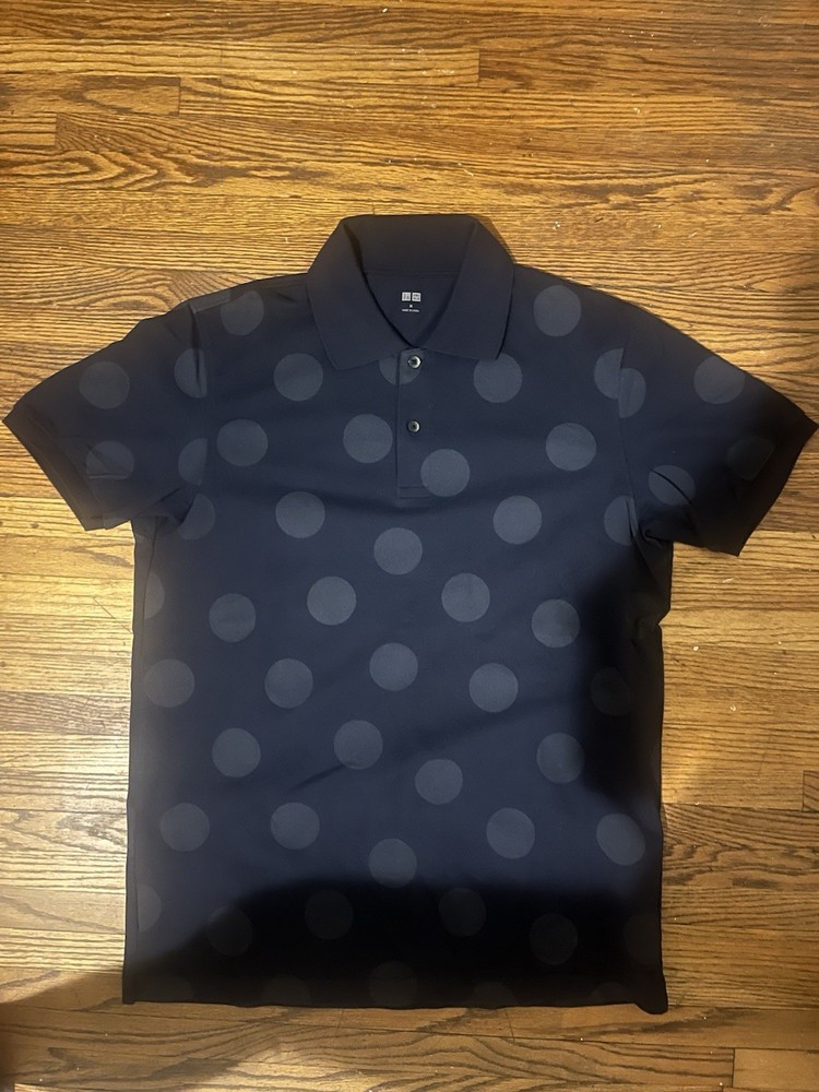 Vintage Rare UNIQLO Mens Navy Big Polka Dot Polo Shirt Sz M (read description)
