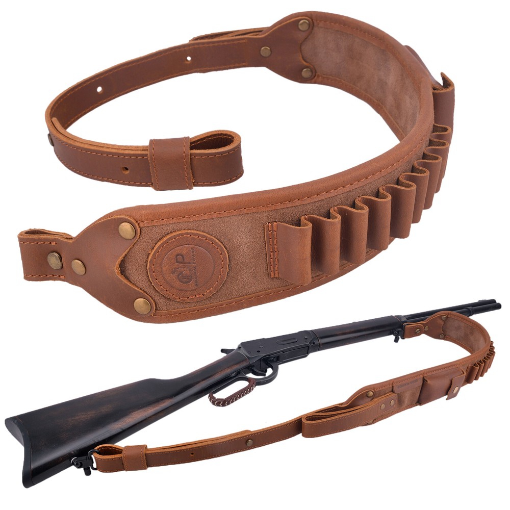Leather Rifle Gun Sling Shoulder Straps Cartridge Shell Holder 30-30 .308 .407