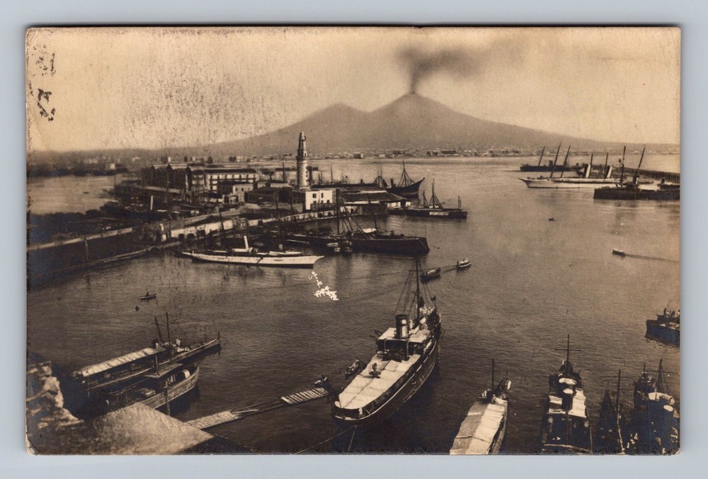Italy- Naples Military Port Ships Mount Vesuvius Old Card View Vintage Postcard
