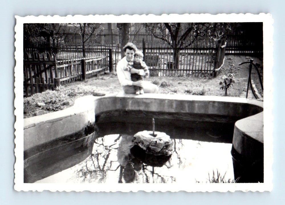 Old Vintage Photo WOMAN AND CHILD BY WATER FOUNTAIN ANTIQUE SNAPSHOT PIC