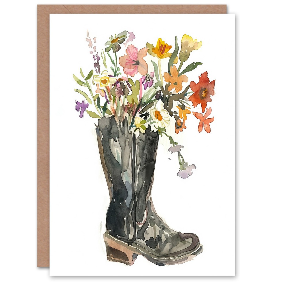 Greeting Card Wildflower Bouquet Heeled Army Boot Watercolour Birthday