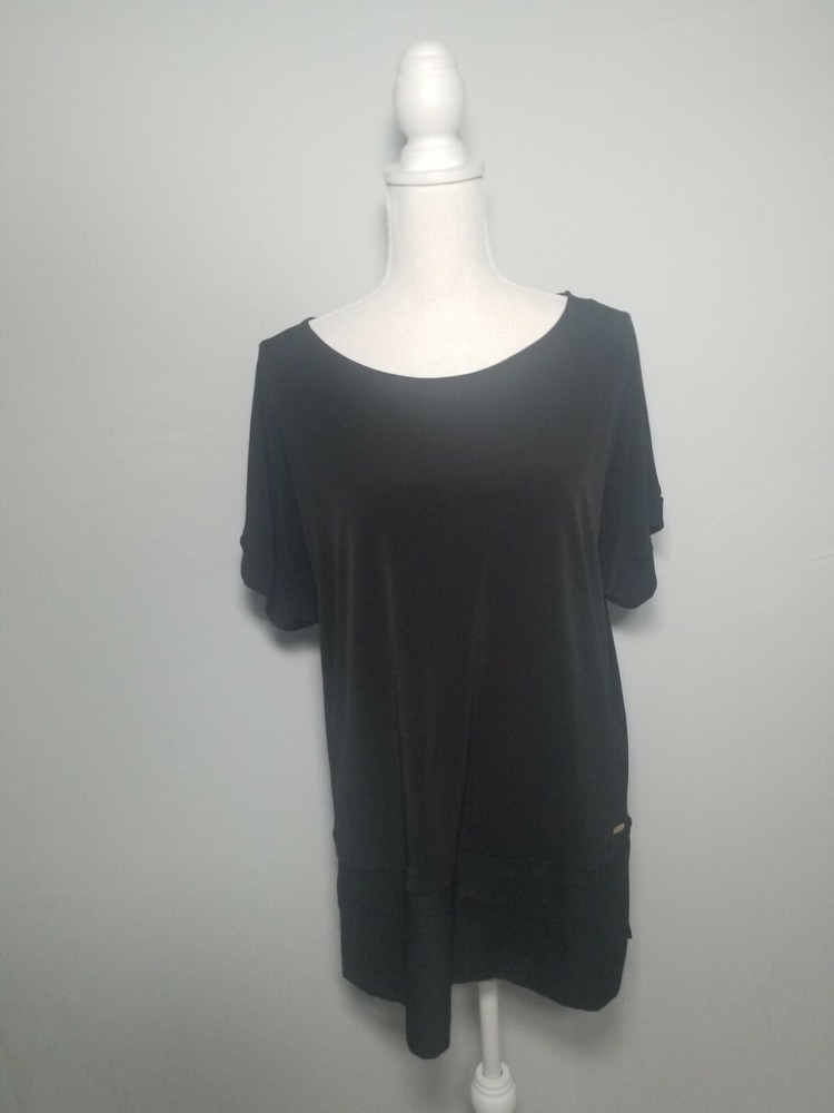 Calvin Klein Women's Black Layered Look Cuffed Short Sleeve Top Size Large