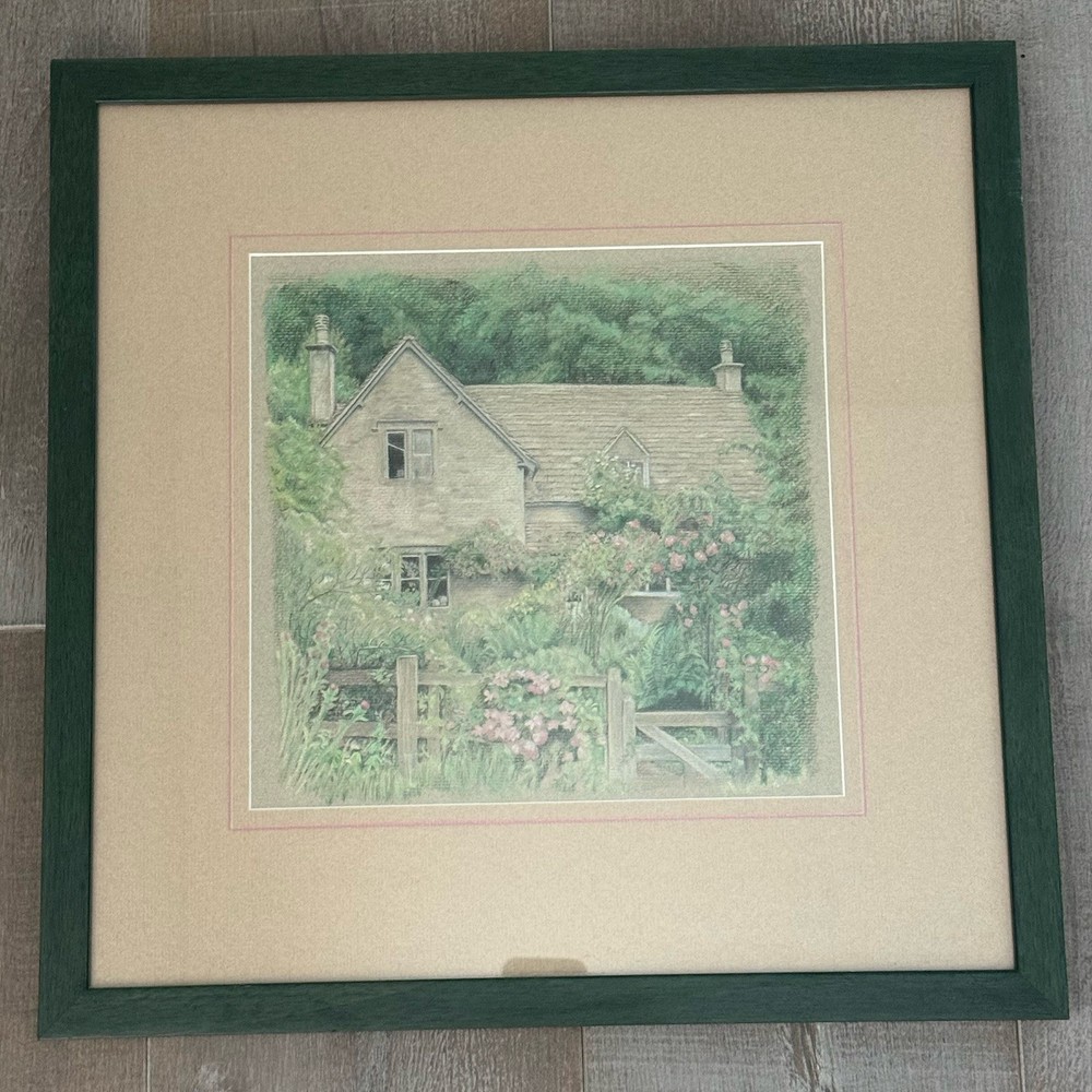 Framed Cottage Garden Landscape Artwork Pastel Style 16x16 Unsigned