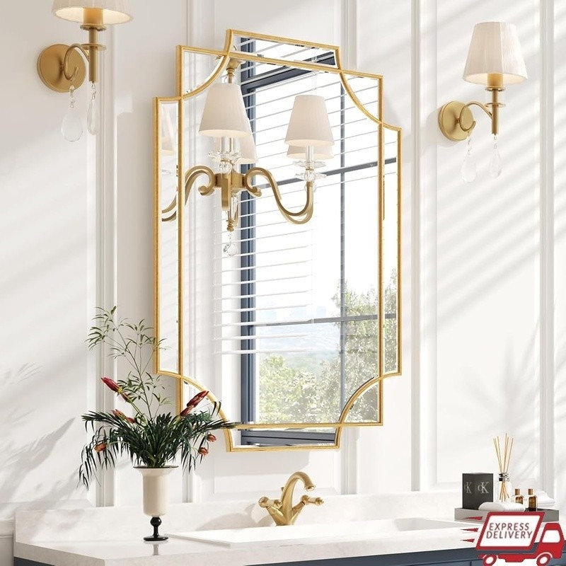 Gold Foil Finish Wall Mirror Decorative Accent Unique Design Easy to Hang New