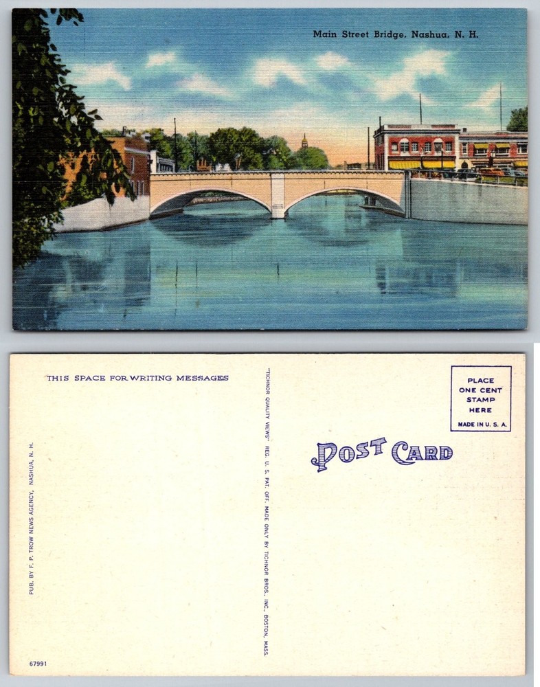 Main Street Bridge Nashua NH Linen Postcard Tichnor Bros New Hampshire