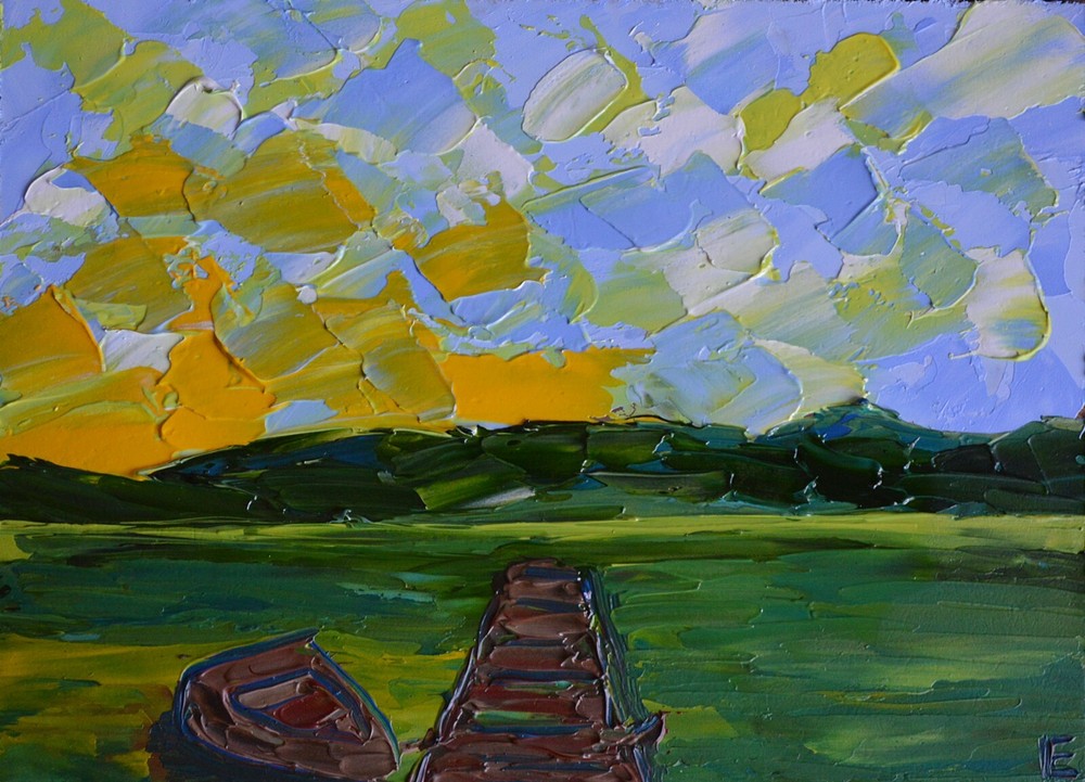 Boat Oil Landscape Lake Nature Original Painting Artwork Wall Decor Sky 5 by 7