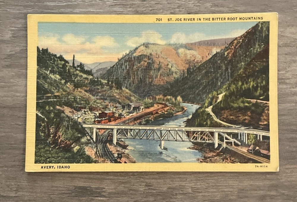 St. Joe River in the Bitter Root Mountains Curt Teich linen Postcard Avery Idaho
