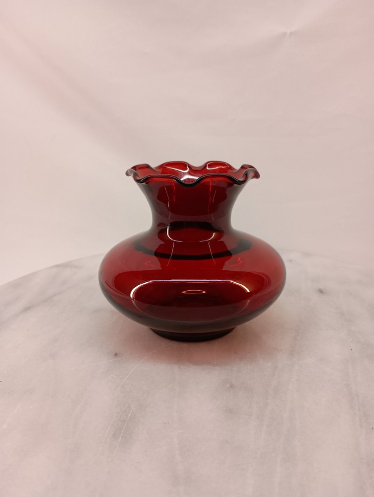 Anchor Hocking Ruby Red Glass Vase Ruffled Top 3 inches Tall