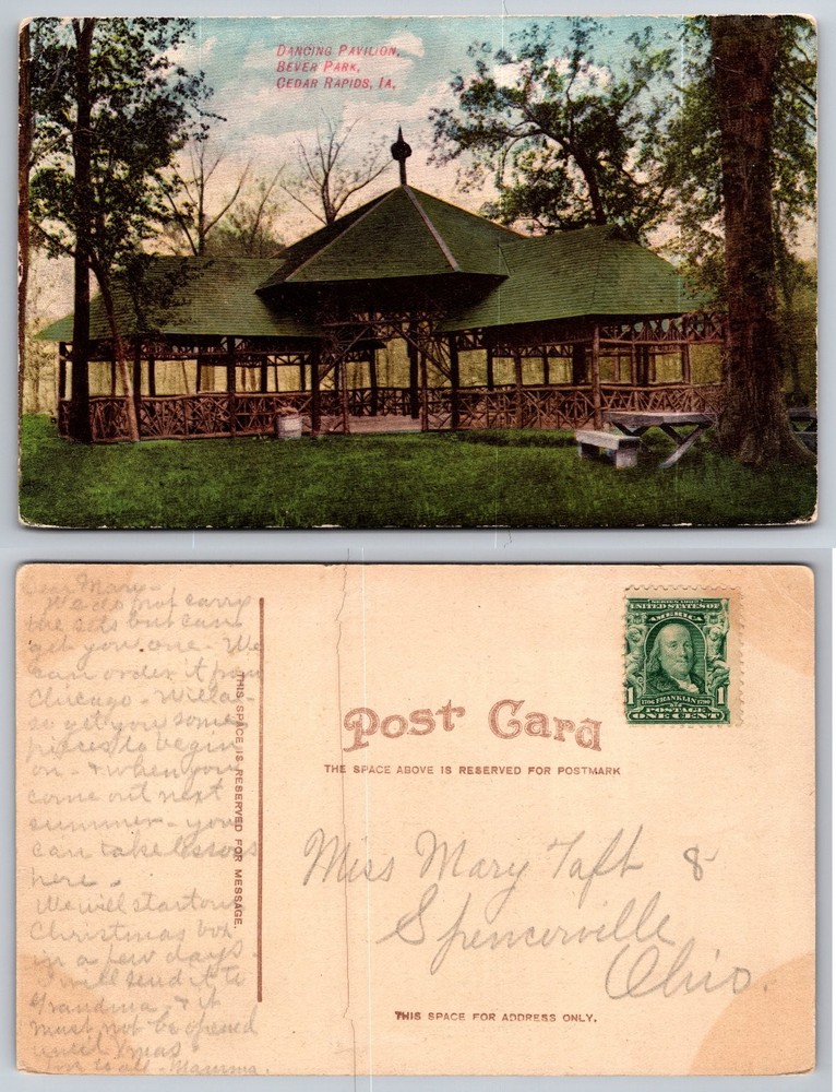 Dancing Pavilion Bever Park Cedar Rapids IA Postcard 1900s Posted