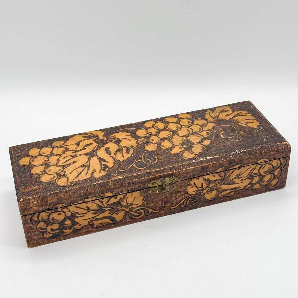 Antique Flemish Art Co Pyrography Hinged Wooden Box Grapes Leaves Burn Wood