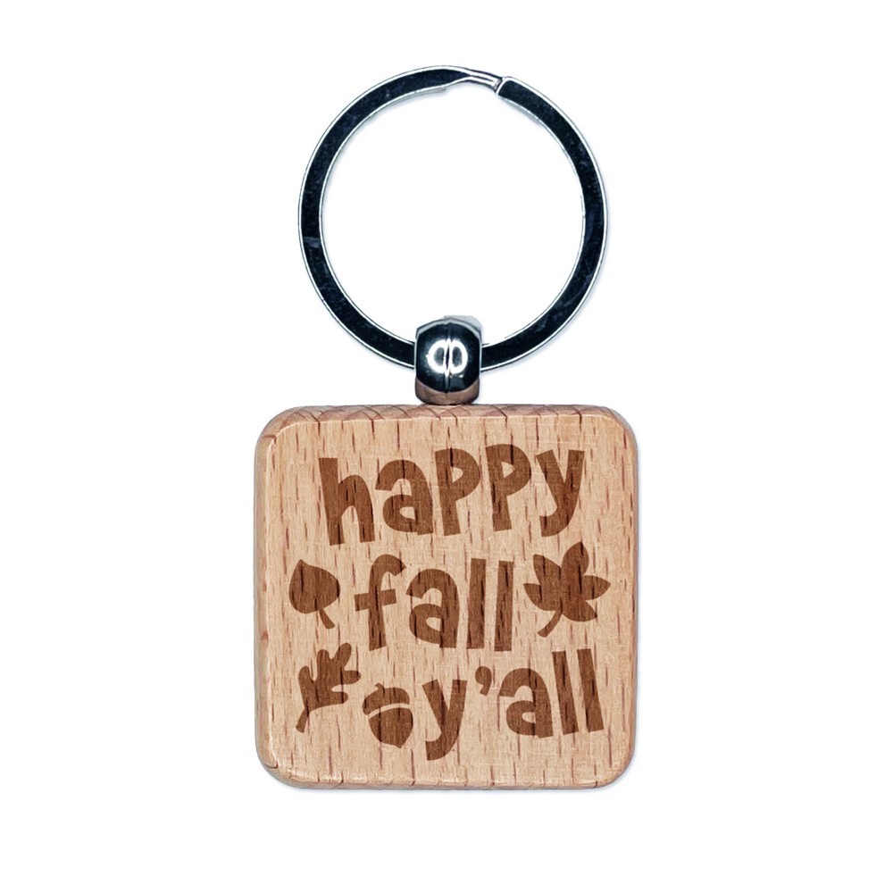Fall-Themed Engraved Wooden Keychain Charm with Happy Yall Design