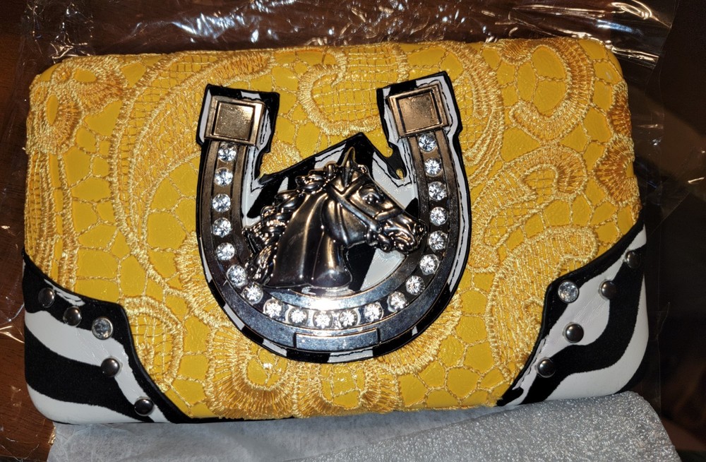 Western Ladies Rhinestone Clasp Wallet Horse/Horseshoe
