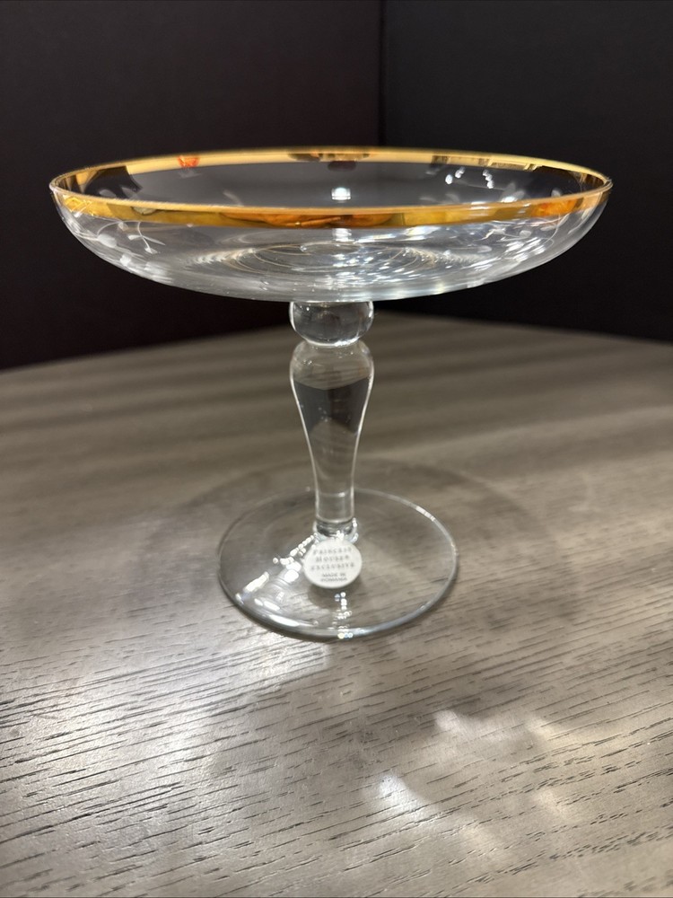 Small Princess House Romania Crystal Compote Pedestal Bowl Etched Gold Trim VTG