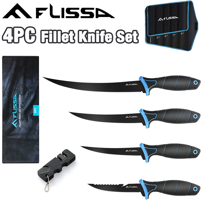 FLISSA 4PIECE Fillet Knife Set Bait Knife Cutting Notch Knife Sharpener W/Sheath