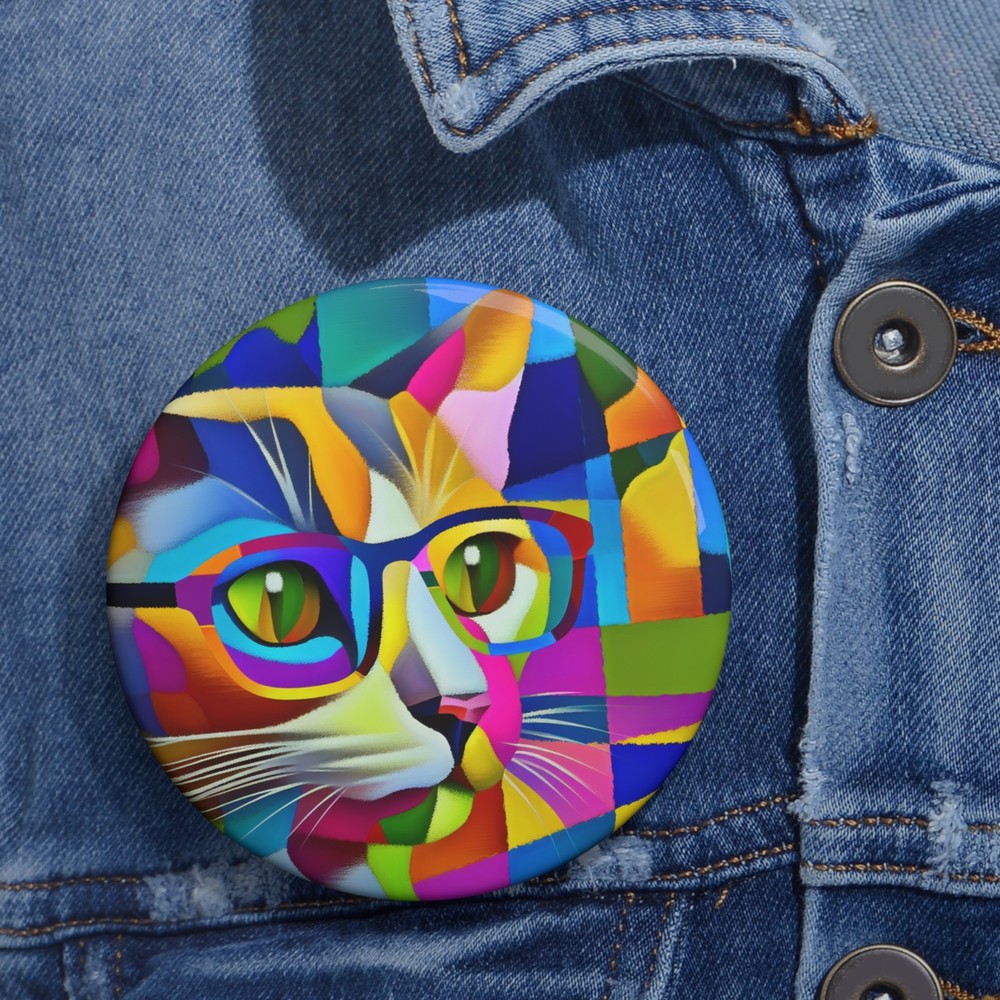 Custom Pin Button Badge Colorful Cat with glasses Abstract Natural Art Pet Lover-image