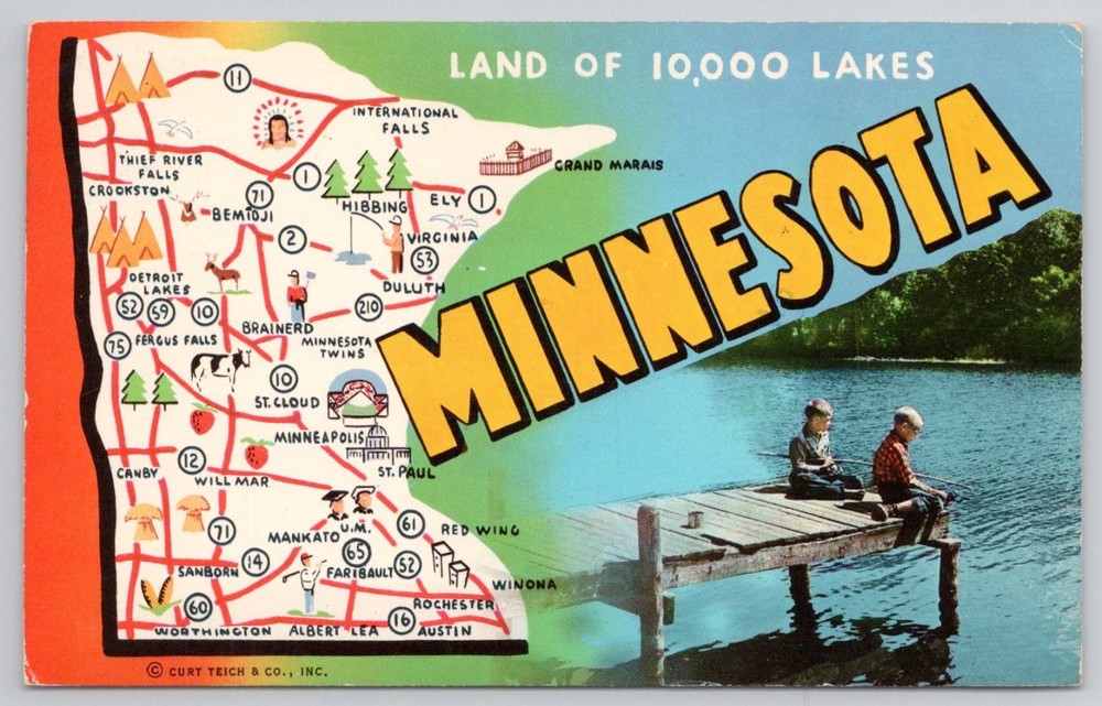 Vintage MINNESOTA Map Postcard - Land of 10,000 Lakes - Curt Teich 1967