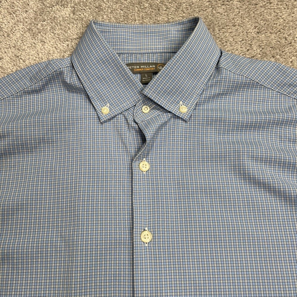 Peter Millar Summer Comfort Shirt Mens Large Button Down Plaid Blue Stretch