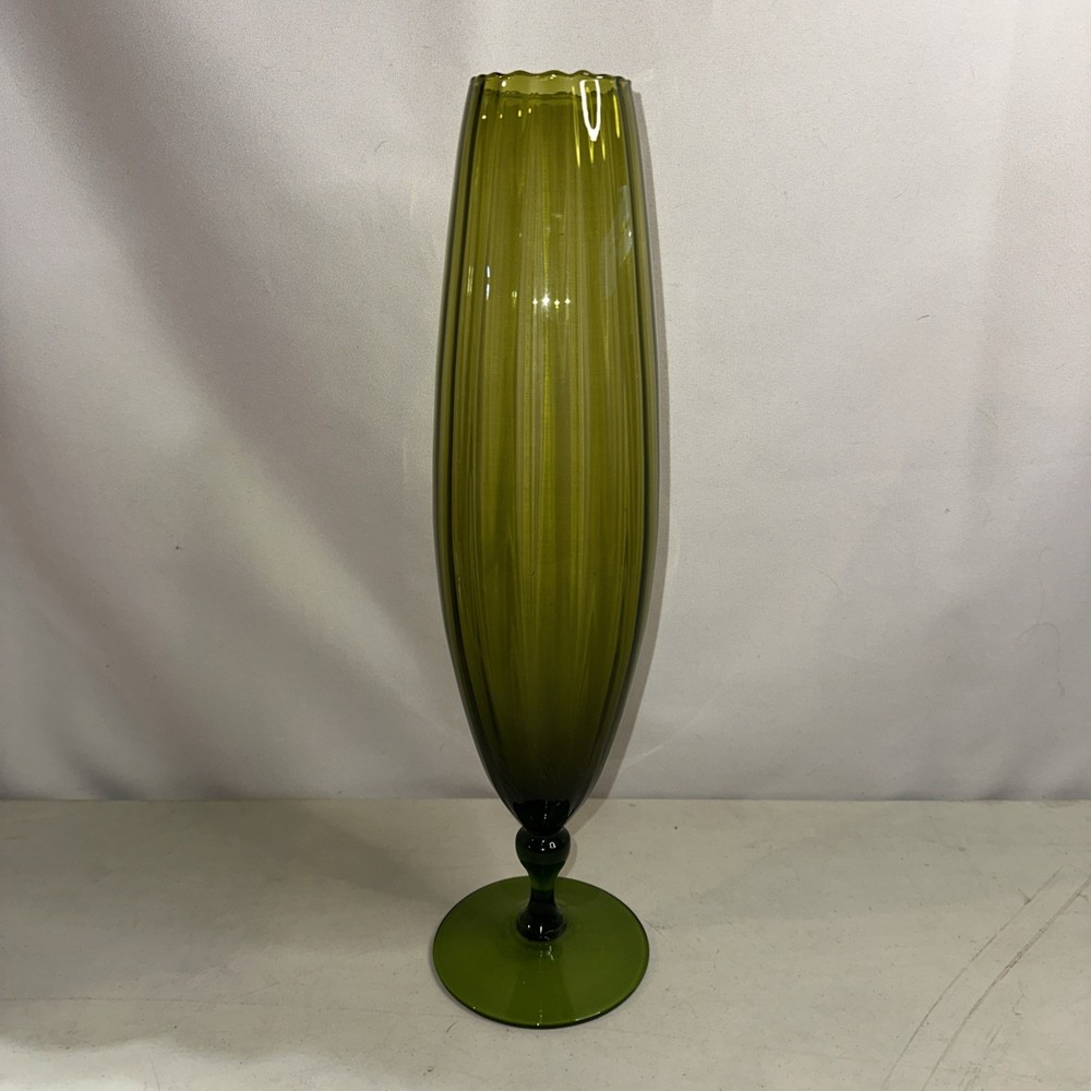 Vintage Empoli Optic Ribbed Art Glass Vase Tall Pedestal Dark Green 15.25