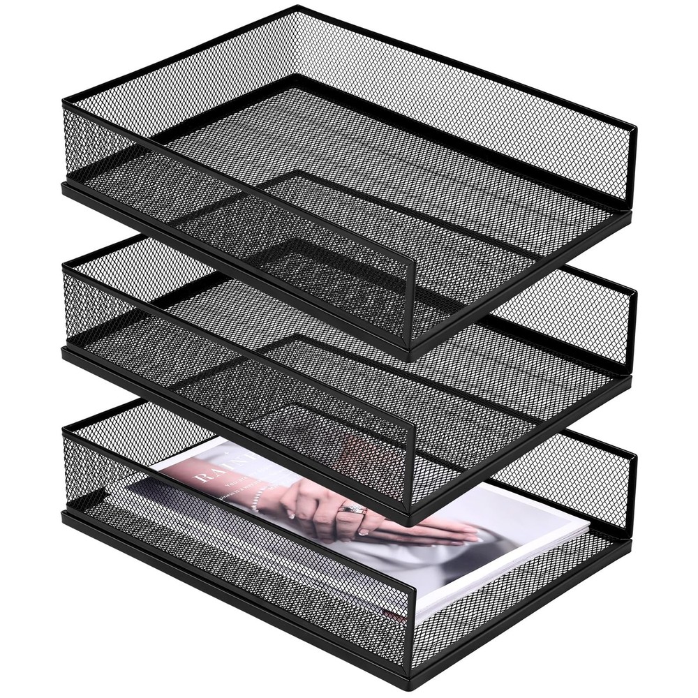 3 Pcs Black Metal Letter Tray, 3-Tier Stackable Paper Tray, Metal Mesh Deskto...