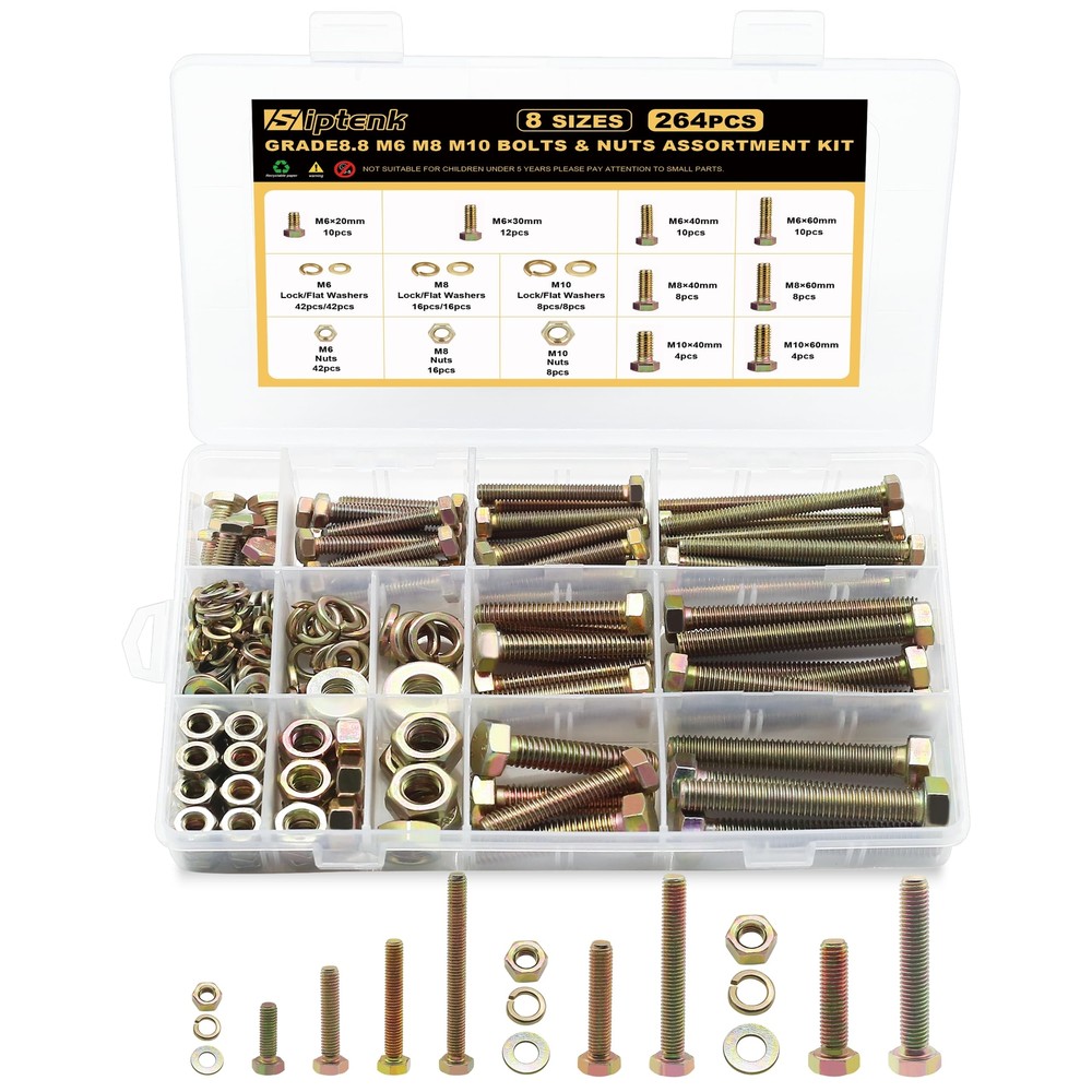 264PCS M6 M8 M10 Heavy Duty Bolts and Nuts Assortment Kit, 8.8 Metric Assorte...