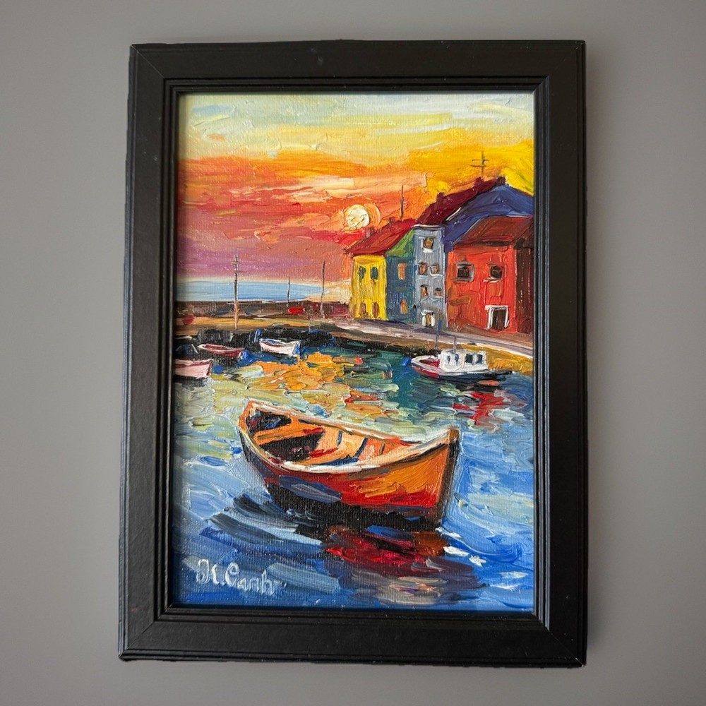 ORIGINAL OIL PAINTING SUNSET SEASCAPE LANDSCAPE SIGNED FRAMED 5x7