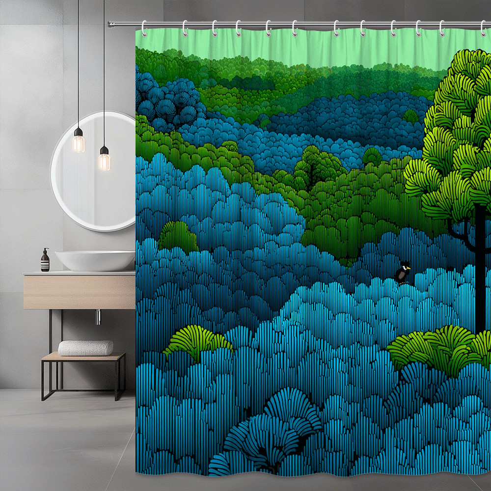 Forest Landscape Shower Curtain Blue Green Tree Print