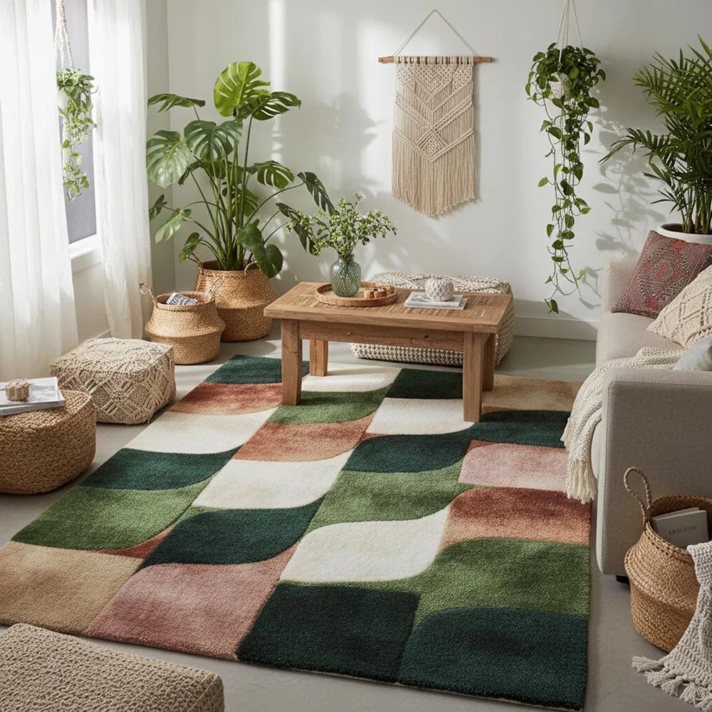 Hand Tufted 8x10 Geometric Wool Area Rug | Green Rust Wavy Checkerboard Design